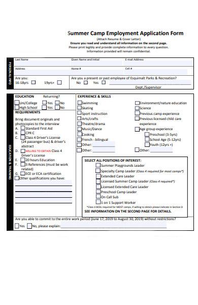 summer camp employment application form