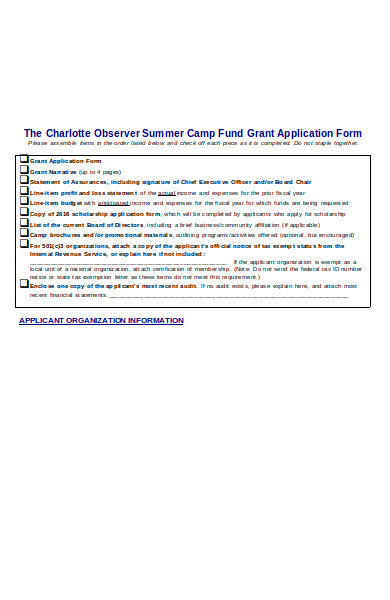 summer camp fund application form