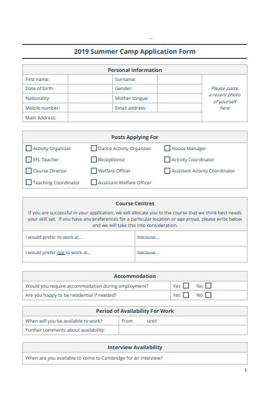 summer camp information application form