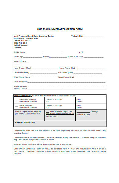 summer camp learning application form