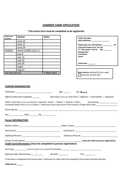 summer camp session application form