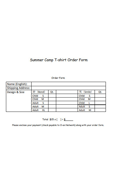 summer camp t shirt order form