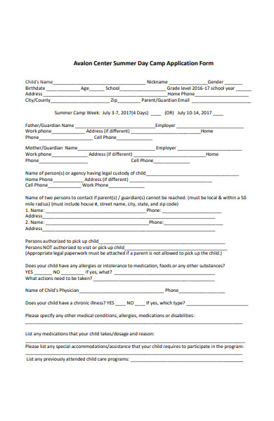 summer day camp application form