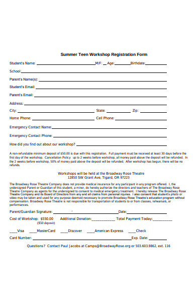 summer teen workshop registration form