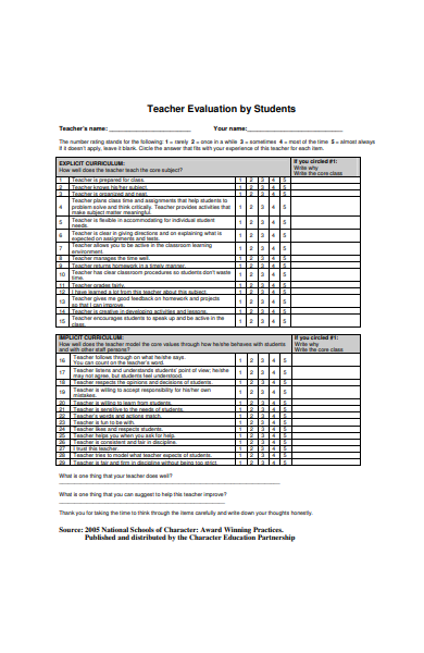 teacher evaluation form by students