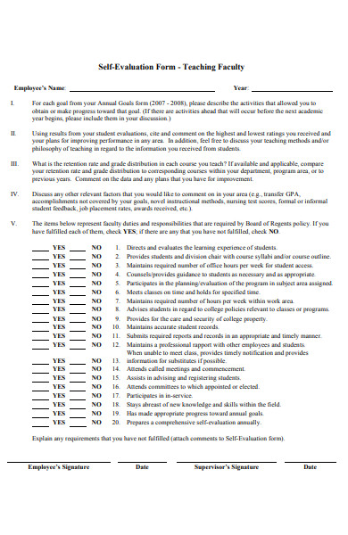 teaching faculty self evaluation form