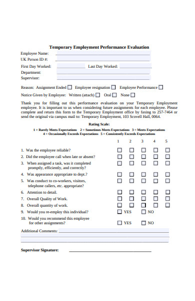 temporary employment performance evaluation form