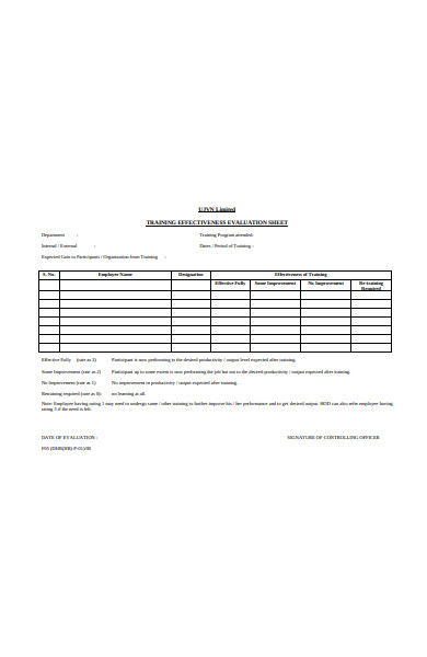 training evaluation sheet form