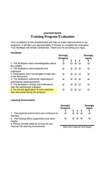 training short form evaluation form