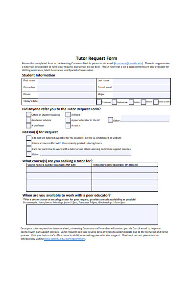 tutor request form format
