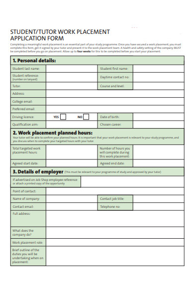 tutor work placement application form