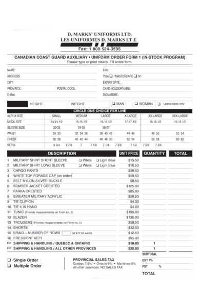 uniform description order form