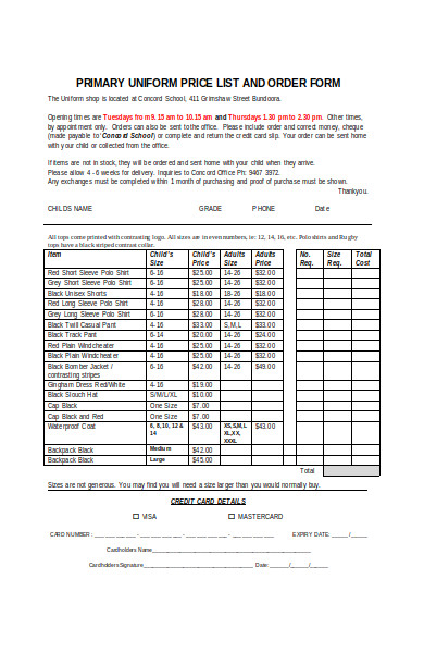 uniform price list order form