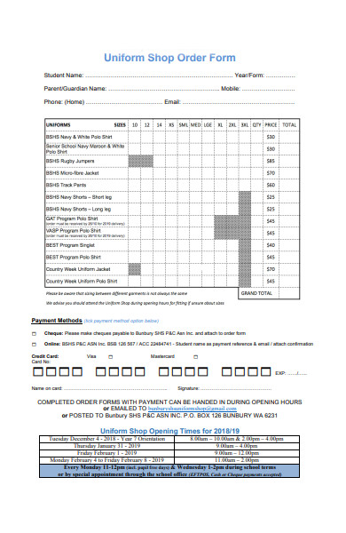 uniform shop order form