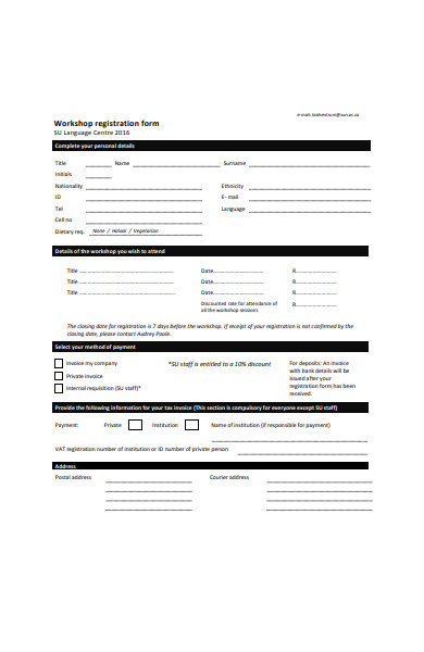university workshop registration form