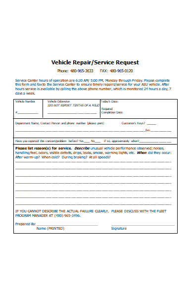 vehicle repair service request order form