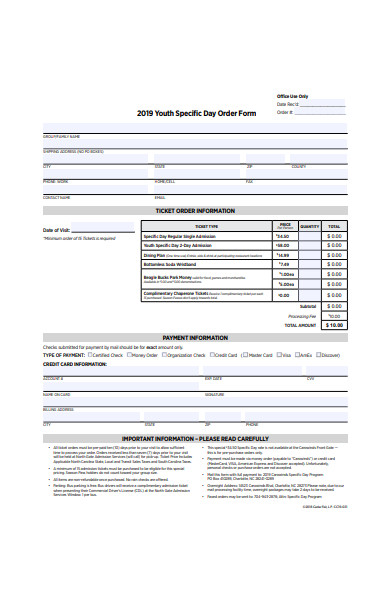 youth specific day order form