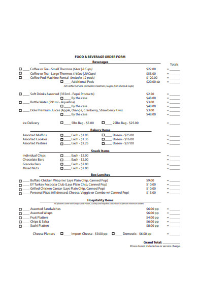 ood and beverage order form template