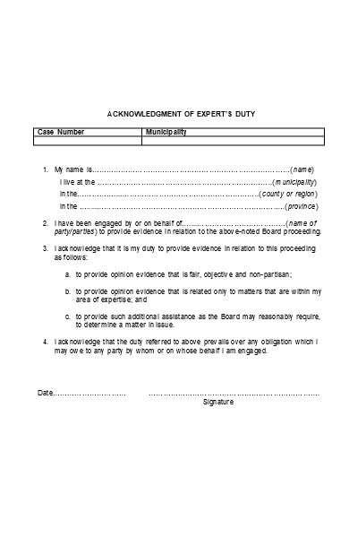 acknowledgment of expert duty form