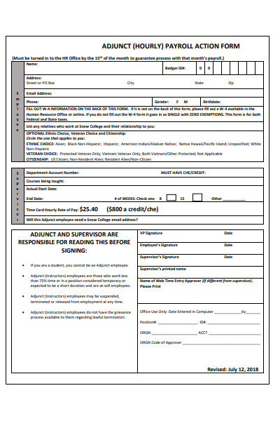 adjunct payroll action form