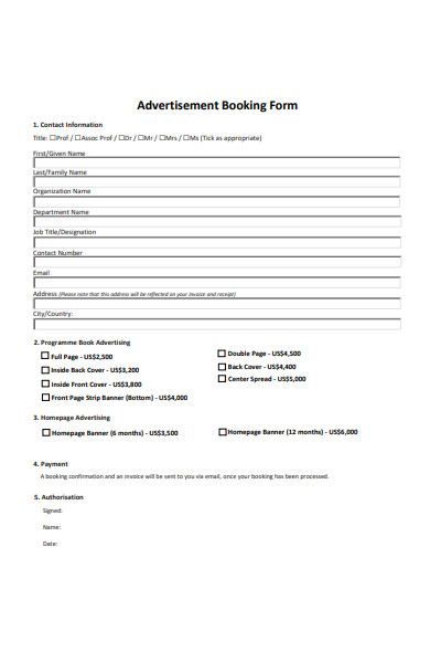 advertisement booking form