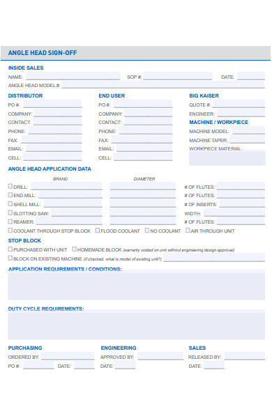 angle head sign off form