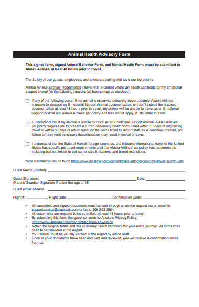 animal health advisory form