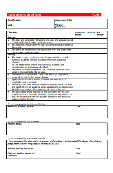 assessment sign off form