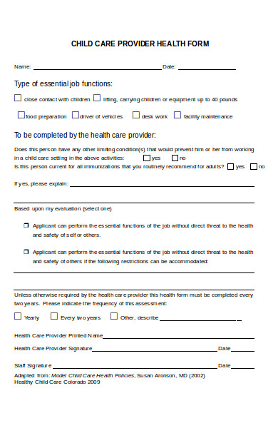child care provider health form