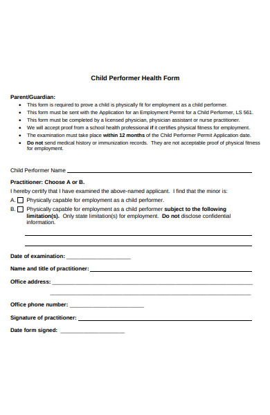 child performer health form