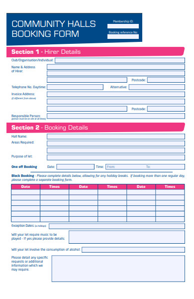 community hall booking form