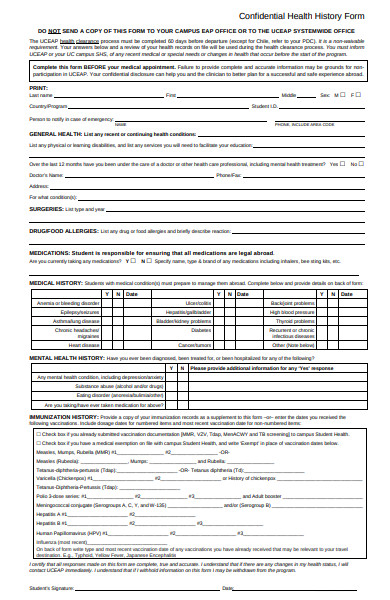 confidential health history form