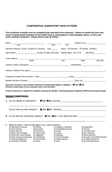 confidential mandatory health form