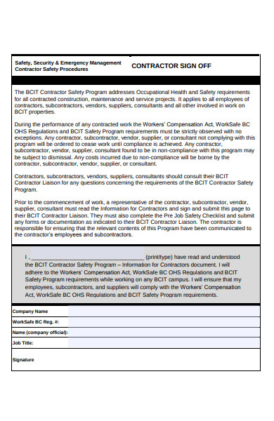 contractor sign off form