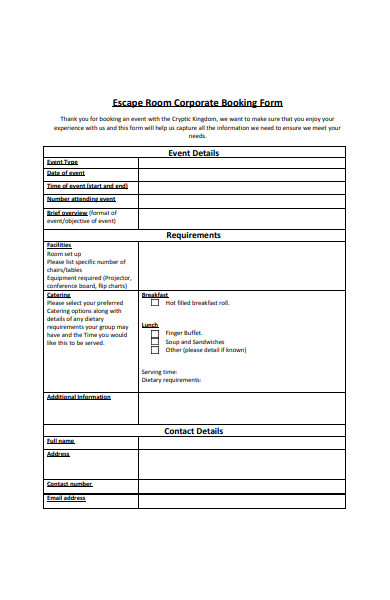 corporate room booking form