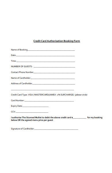credit card authorisation booking form