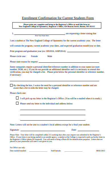 current student enrollment confirmation form