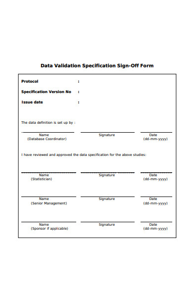 data specification sign off form