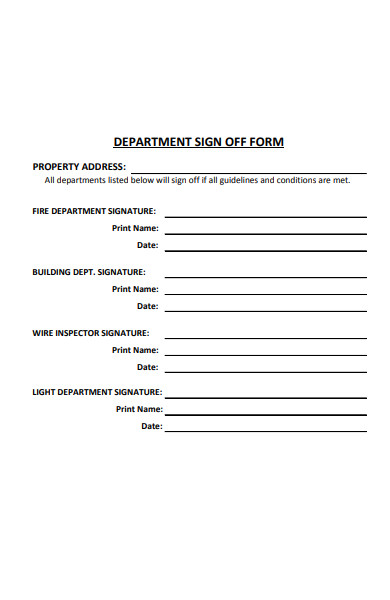 department sign off form