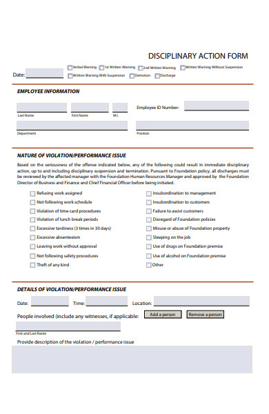 disciplinary action form