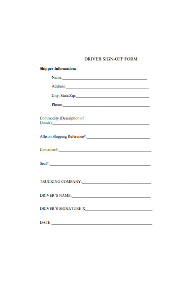 driver sign off form