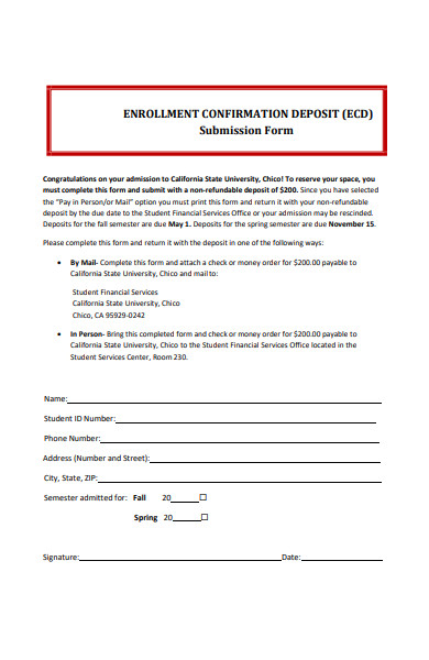 enrollment confirmation deposit form