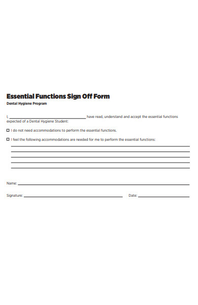 essential functions sign off form