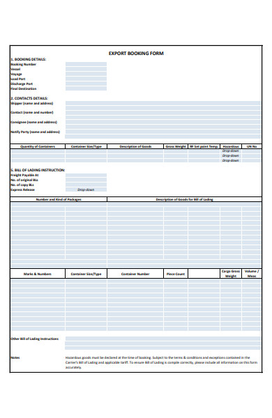 export booking form
