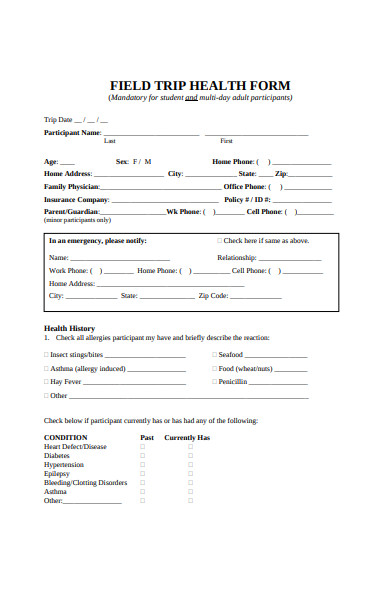 field trip health form
