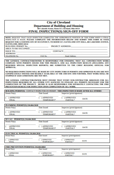 final inspection sign off form