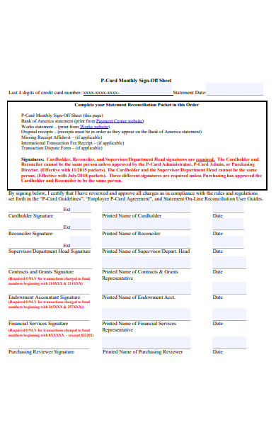 monthly sign off form