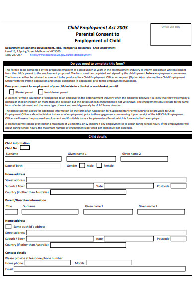 parental consent form for employement of child