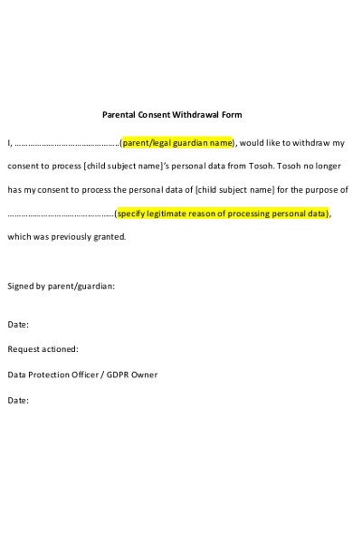 parental consent withdrawal form
