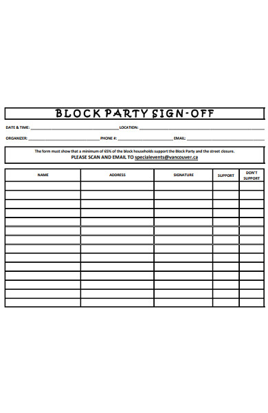 party sign off form